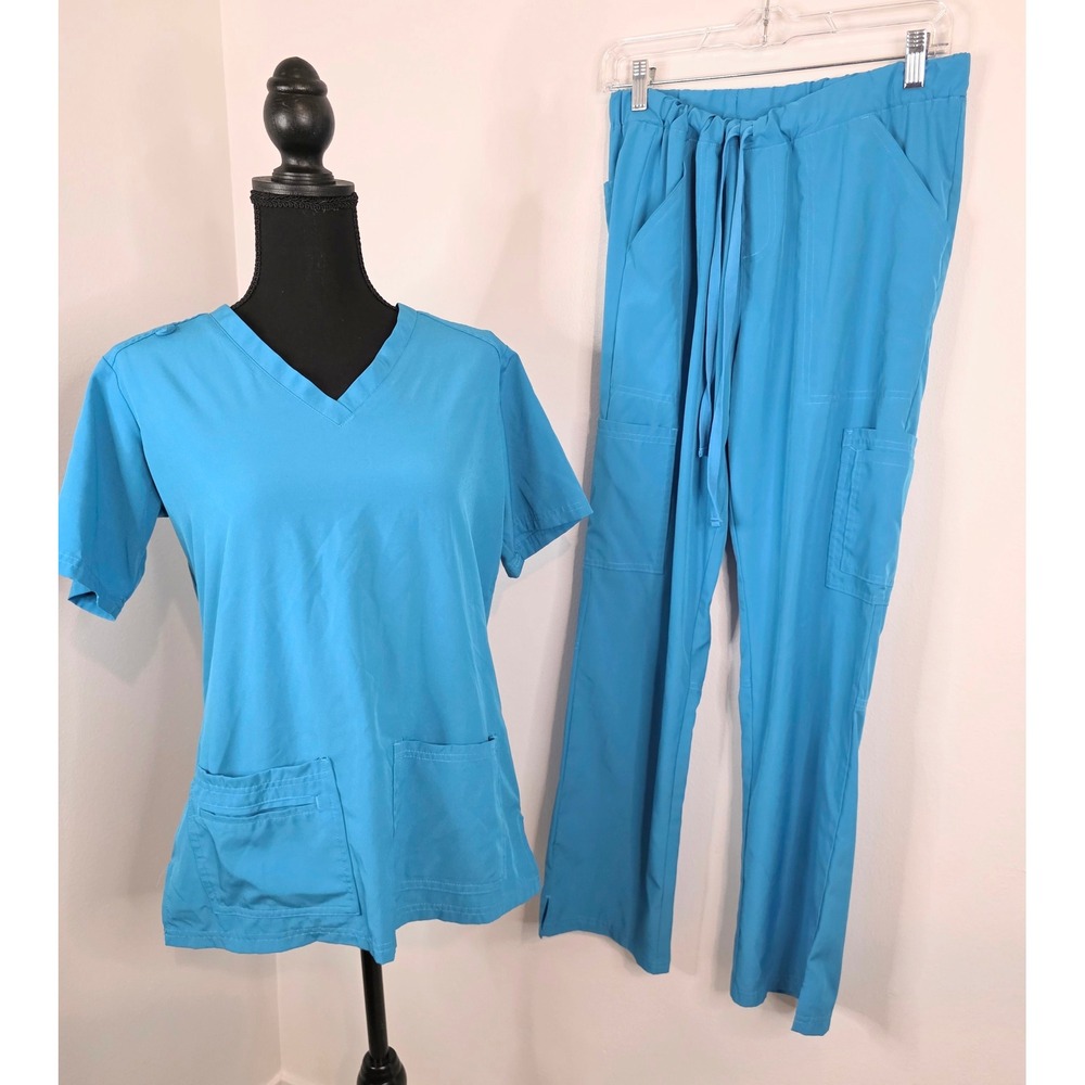 Natural Uniforms Modern Fit Cool Stretch Scrub Set Turquoise Blue V-Neck Medium